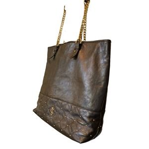 JUICY COUTURE Black Leather Hand Bag XL shopper - Chain Link Strap - Excellent!